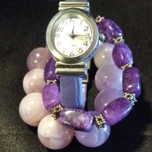Elegant Purple and Silver Women's Watch and bracelets